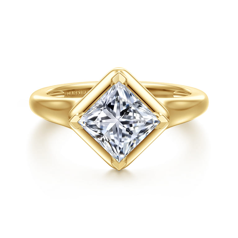 Elsa - 14K Yellow Gold Compass Bezel Prong Princess Cut Solitaire Diamond Engagement Ring - Shot 1