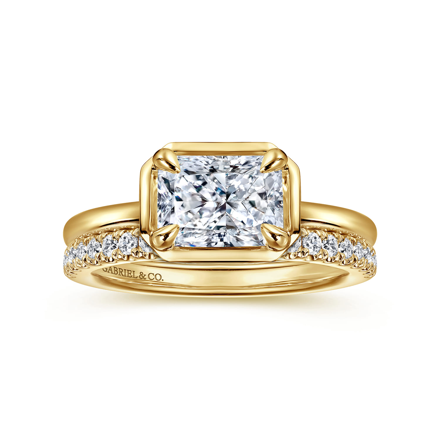 Linen - 14K Yellow Gold East West and Bezel Prong Radiant Cut Diamond Engagement Ring - Shot 4