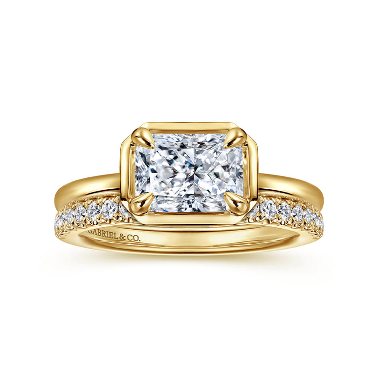 Linen - 14K Yellow Gold East West and Bezel Prong Radiant Cut Diamond Engagement Ring - Shot 4