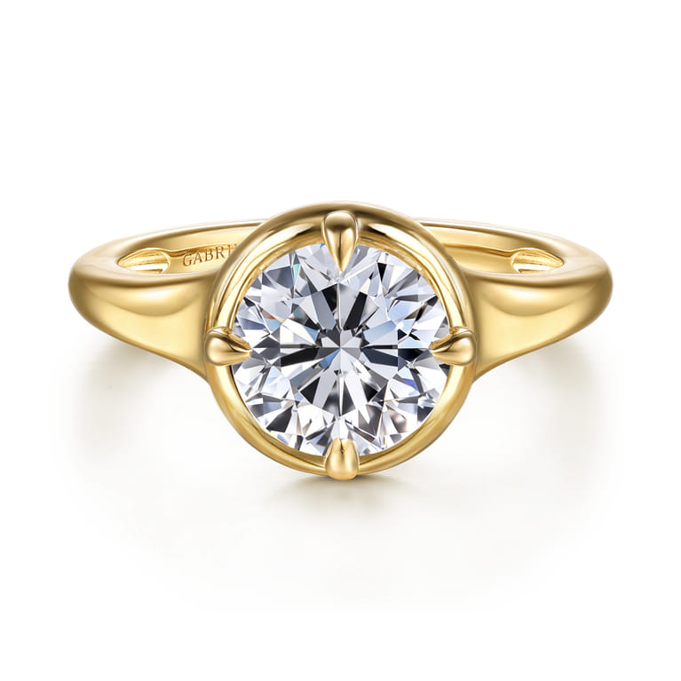 Elsa - 14K Yellow Gold Compass Bezel Prong Round Solitaire Diamond Engagement Ring - Shot 1