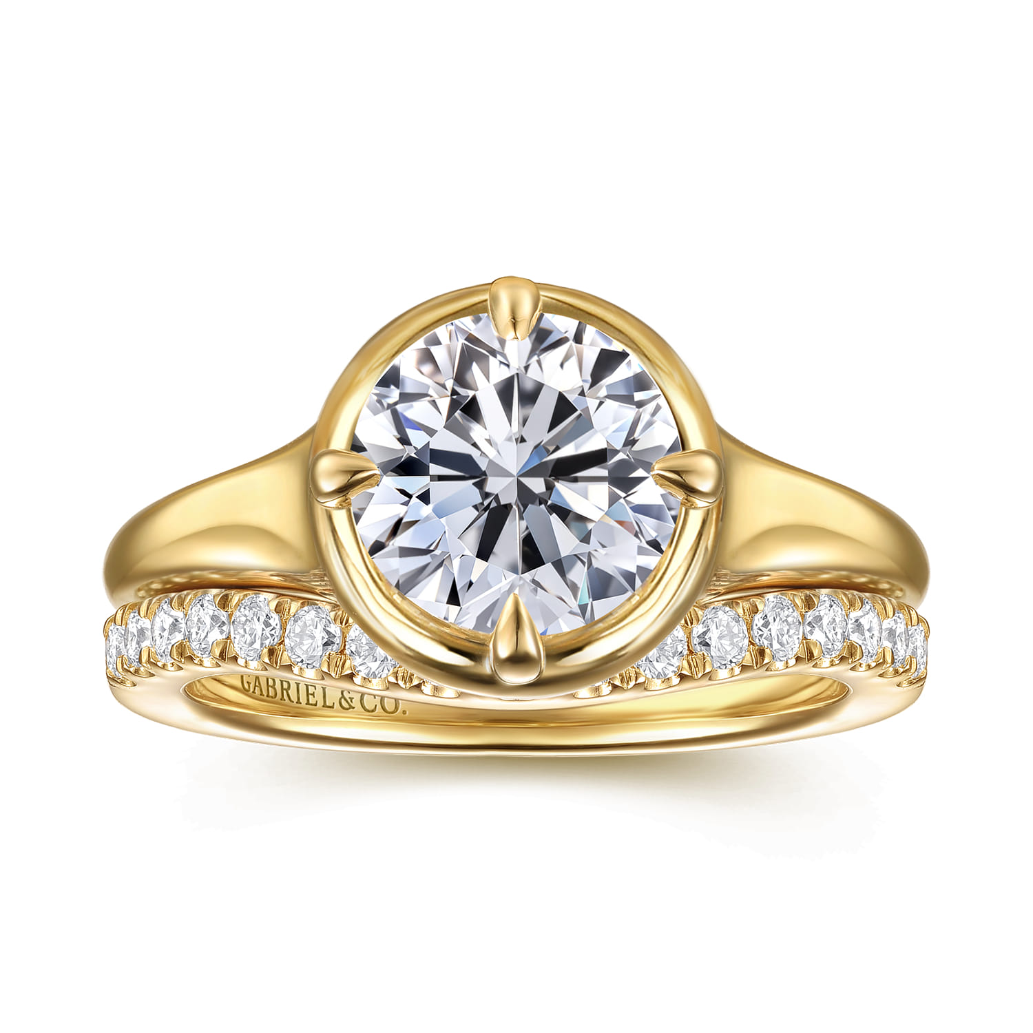 Elsa - 14K Yellow Gold Compass Bezel Prong Round Solitaire Diamond Engagement Ring - Shot 4