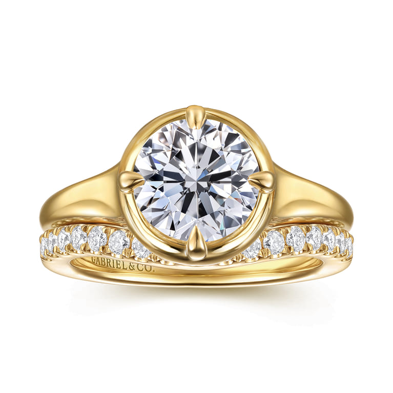 Elsa - 14K Yellow Gold Compass Bezel Prong Round Solitaire Diamond Engagement Ring - Shot 4