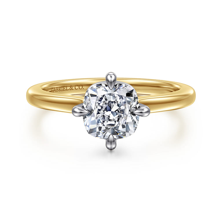 Lou - 14K White-Yellow Gold Cushion Cut Compass Prong Solitaire Diamond Engagement Ring - Shot 1