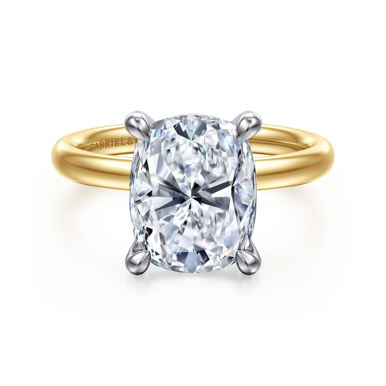 14K White-Yellow Gold Elongated Cushion Solitaire Diamond Engagement Ring - Shot 1