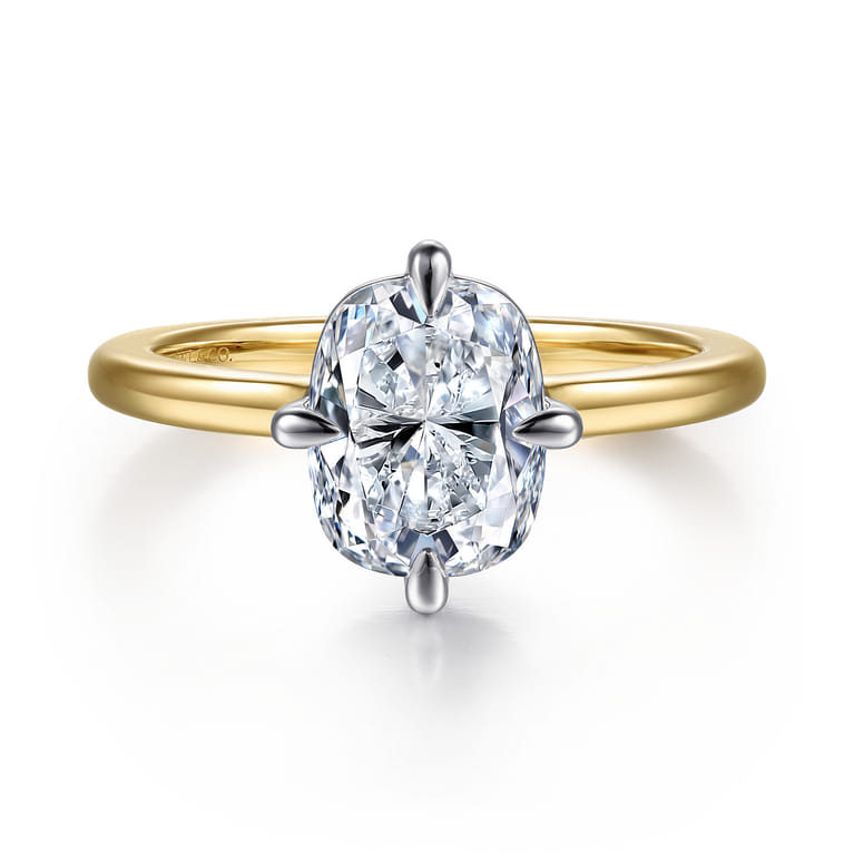Lou - 14K White-Yellow Gold Elongated Cushion Compass Prong Solitaire Diamond Engagement Ring - Shot 1