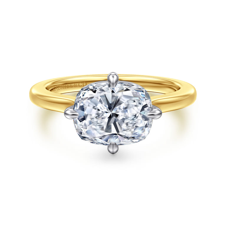 Lou - 14K White-Yellow Gold East West Elongated Cushion Compass Prong Solitaire Diamond Engagement Ring - Shot 1