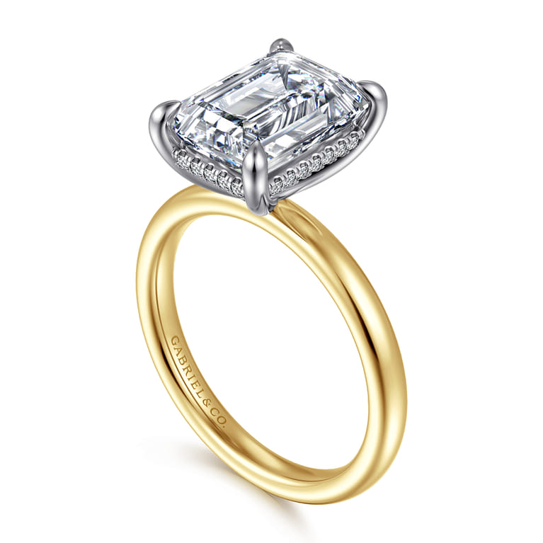 Lua - 14K White-Yellow Gold Hidden Halo Emerald Cut Diamond Engagement Ring - 0.09 ct - Shot 3