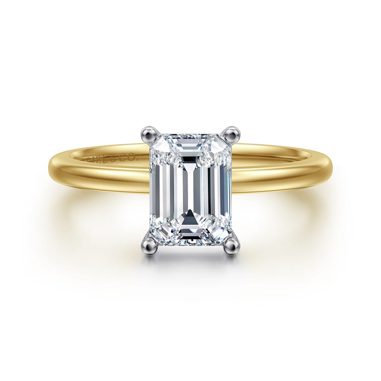 Evelina - 14K White-Yellow Gold Emerald Cut Solitaire Diamond Engagement Ring - Shot 1