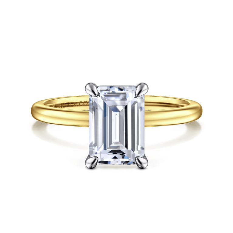 Evelina - 14K White-Yellow Gold Emerald Cut Solitaire Diamond Engagement Ring - Shot 1