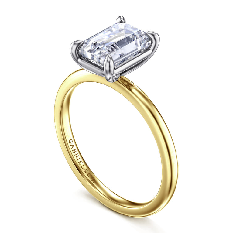 Evelina - 14K White-Yellow Gold Emerald Cut Solitaire Diamond Engagement Ring - Shot 3