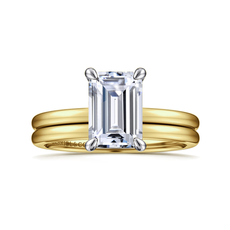 Evelina - 14K White-Yellow Gold Emerald Cut Solitaire Diamond Engagement Ring - Shot 4