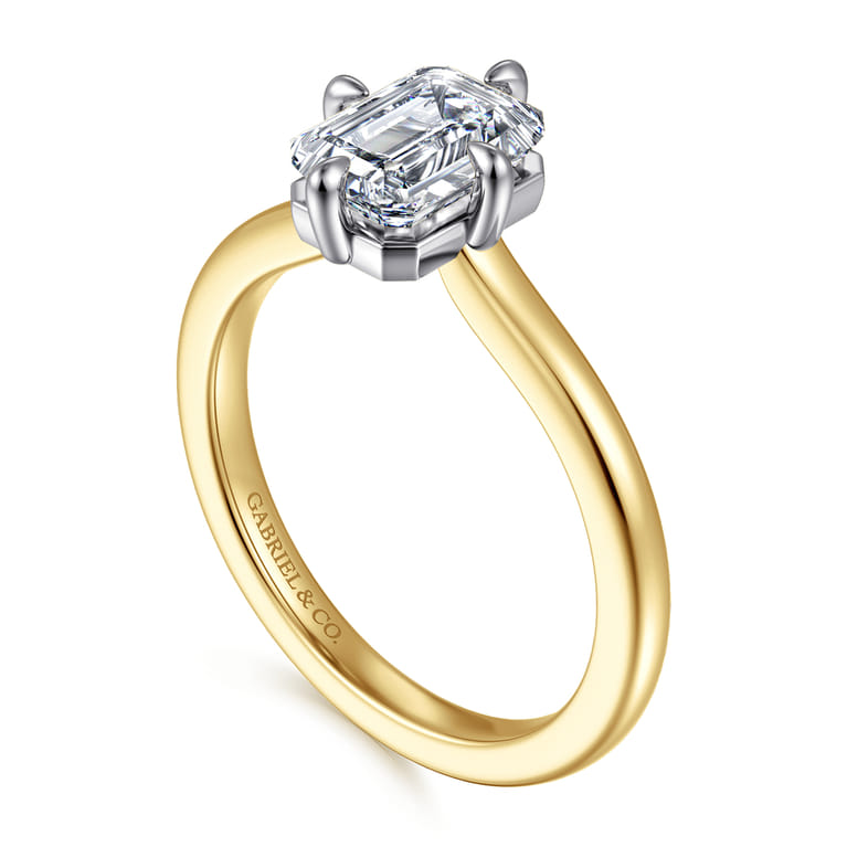 Lou - 14K White-Yellow Gold Emerald Cut Compass Prong Solitaire Diamond Engagement Ring - Shot 3