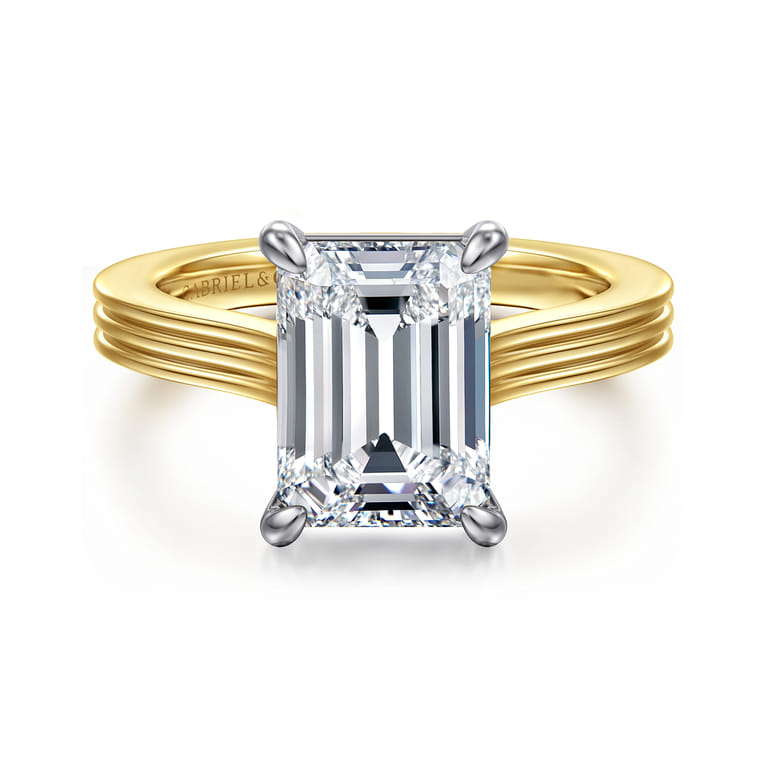 Adelia - 14K White-Yellow Gold Emerald Cut Solitaire Diamond Engagement Ring - Shot 1