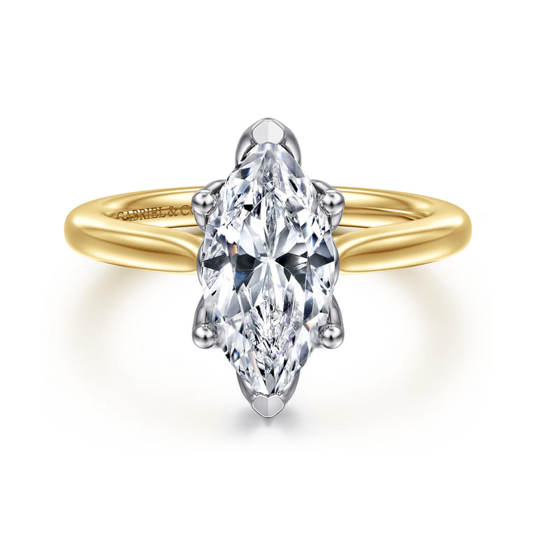 Nola - 14K White-Yellow Gold Marquise Shape Lotus Diamond Engagement Ring - Shot 1