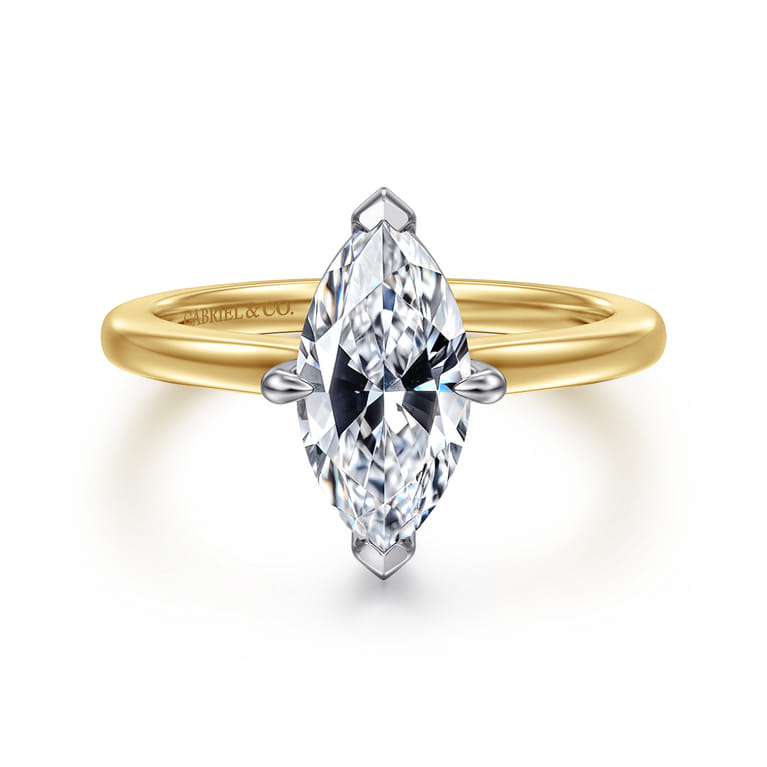 Lou - 14K White-Yellow Gold Marquise Shape Compass Prong Solitaire Diamond Engagement Ring - Shot 1