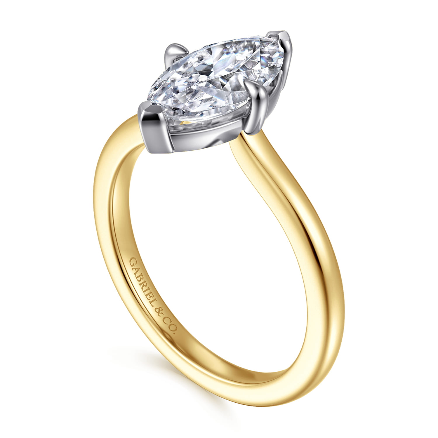 Lou - 14K White-Yellow Gold Marquise Shape Compass Prong Solitaire Diamond Engagement Ring - Shot 3