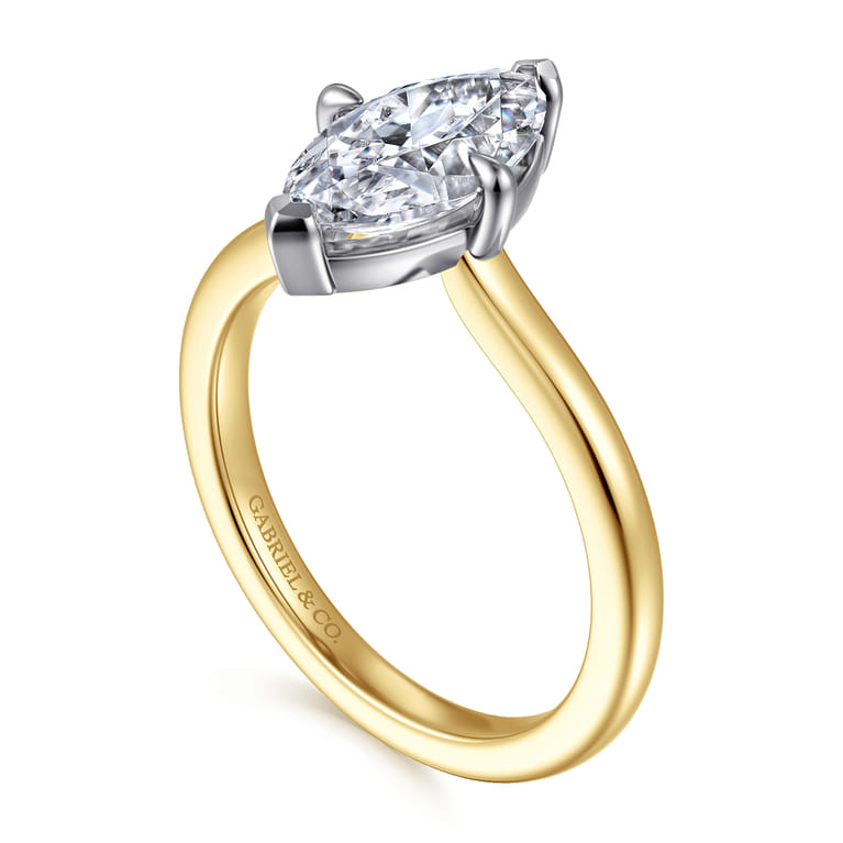 Lou - 14K White-Yellow Gold Marquise Shape Compass Prong Solitaire Diamond Engagement Ring - Shot 3