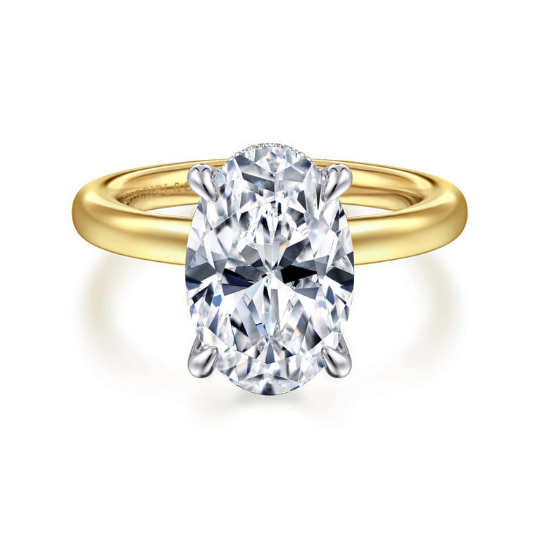 Lua - 14K White-Yellow Gold Hidden Halo Oval Diamond Engagement Ring - 0.08 ct - Shot 1