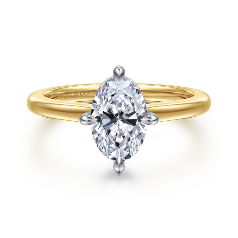 Lou - 14K White-Yellow Gold Oval Compass Prong Solitaire Diamond Engagement Ring - Shot 1
