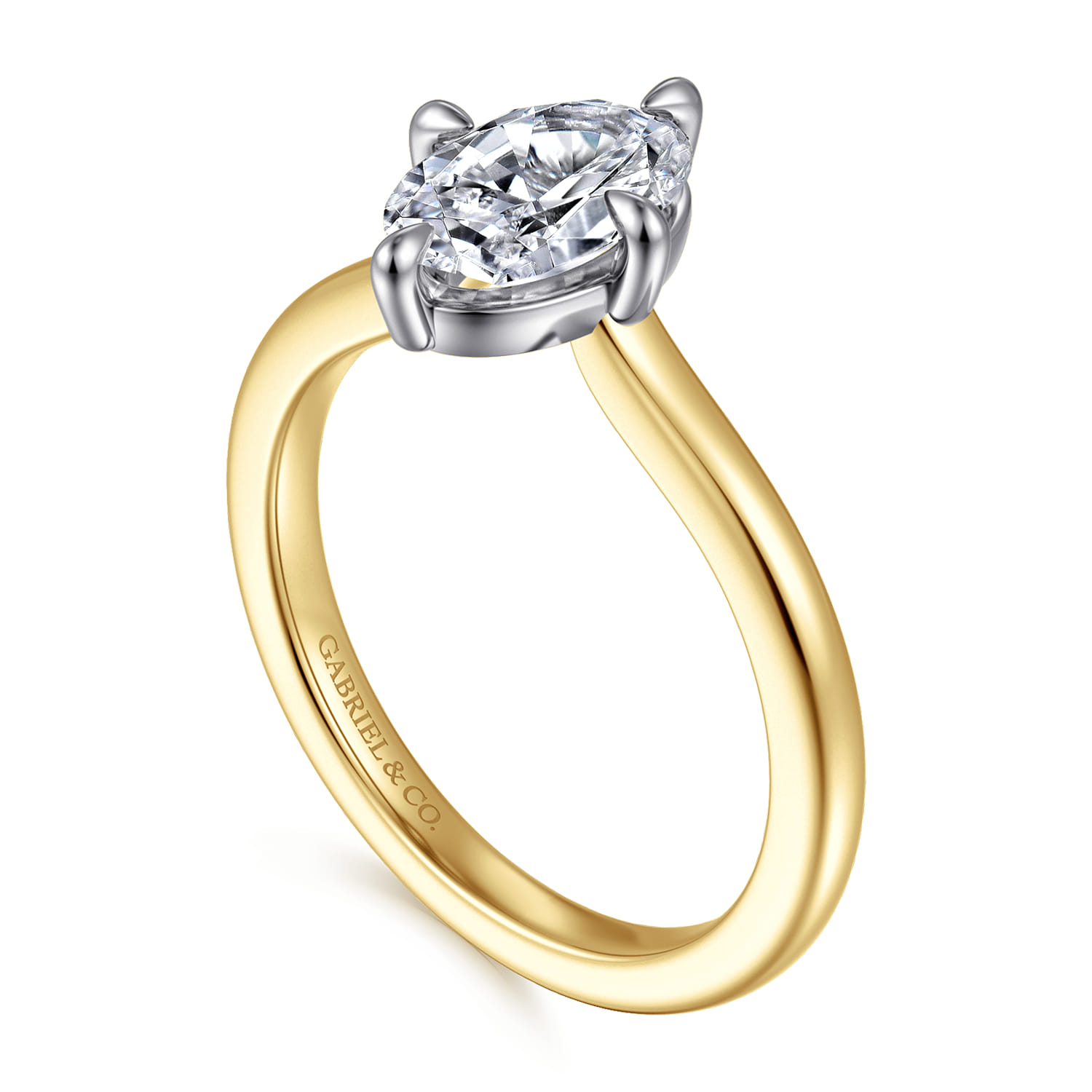Lou - 14K White-Yellow Gold Oval Compass Prong Solitaire Diamond Engagement Ring - Shot 3