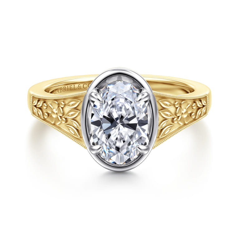 Billy - Vintage Inspired 14K White-Yellow Gold Oval Solitaire Diamond Engagement Ring - Shot 1