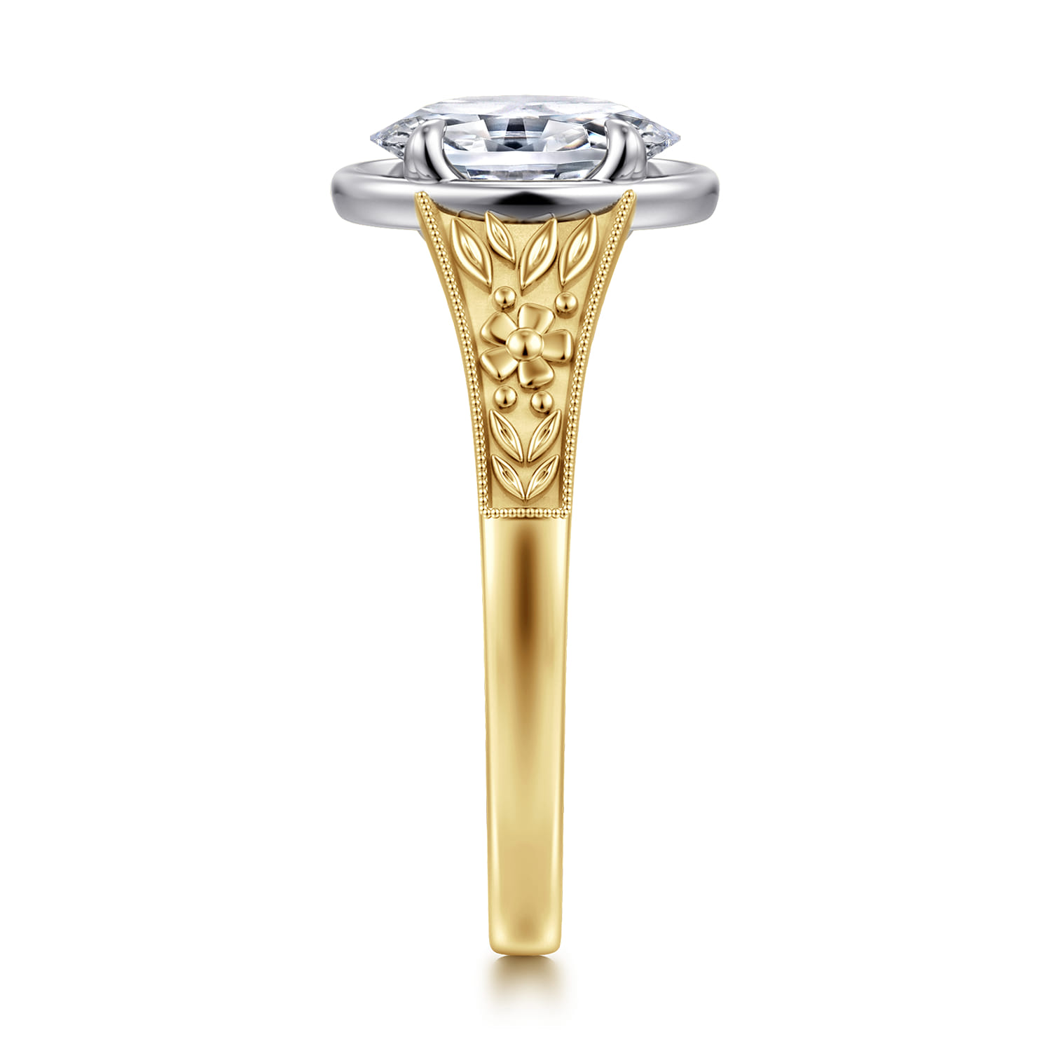 Billy - Vintage Inspired 14K White-Yellow Gold Oval Solitaire Diamond Engagement Ring - Shot 4