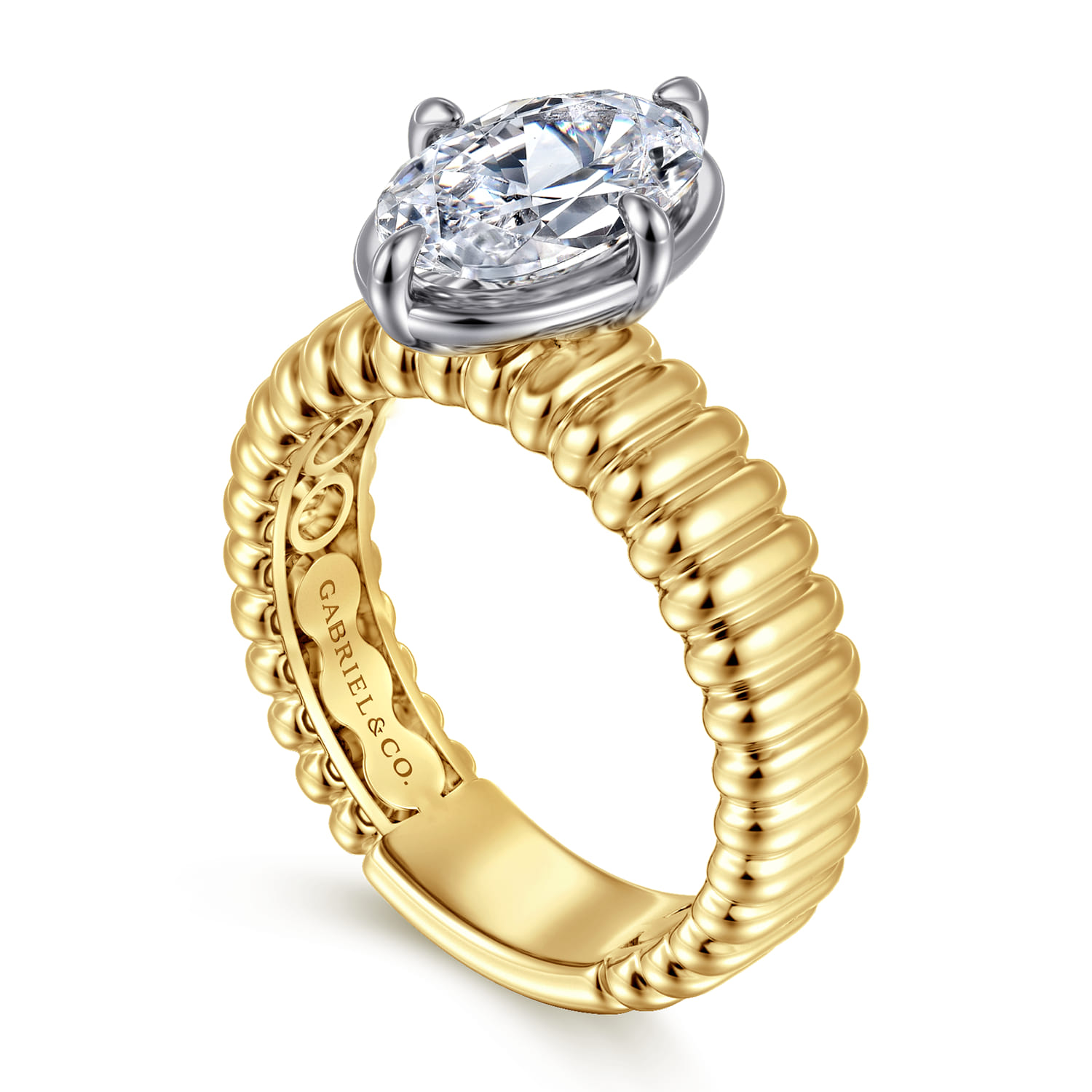 Empress - 14K White-Yellow Gold Compass Bezel Prong Oval Diamond Engagement Ring - Shot 3