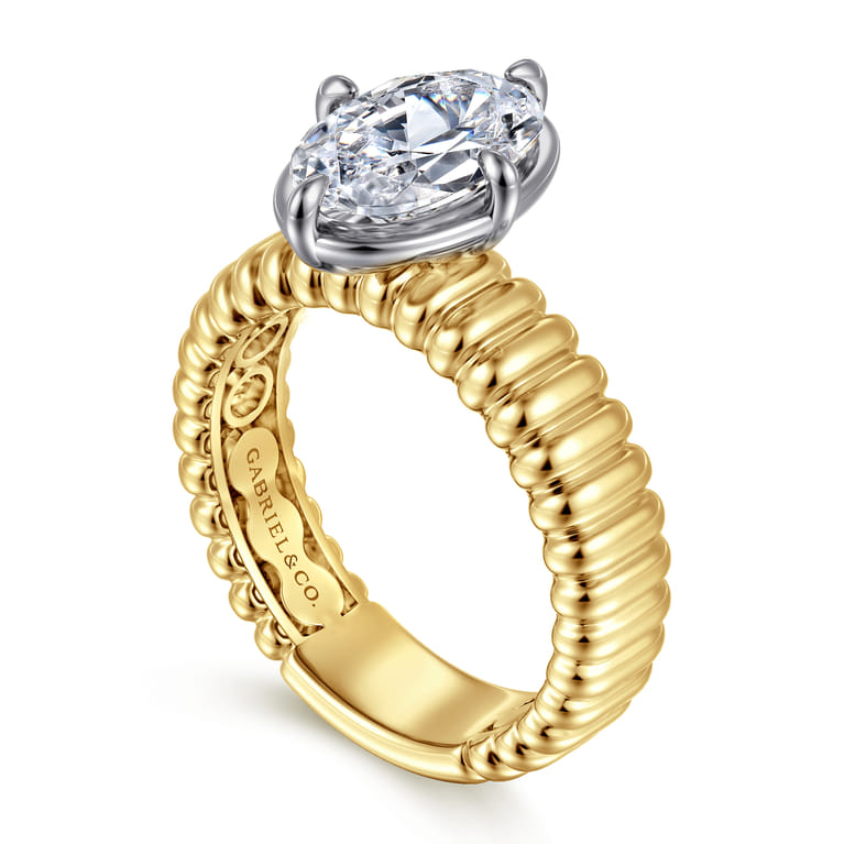 Empress - 14K White-Yellow Gold Compass Bezel Prong Oval Diamond Engagement Ring - Shot 3