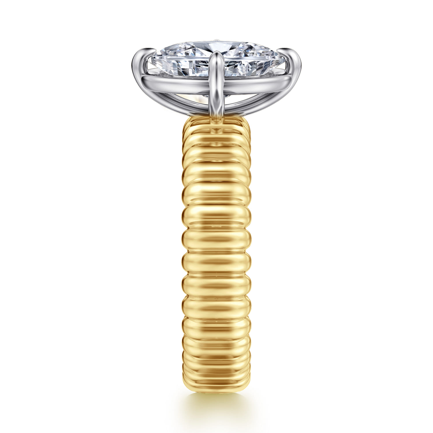 Empress - 14K White-Yellow Gold Compass Bezel Prong Oval Diamond Engagement Ring - Shot 4