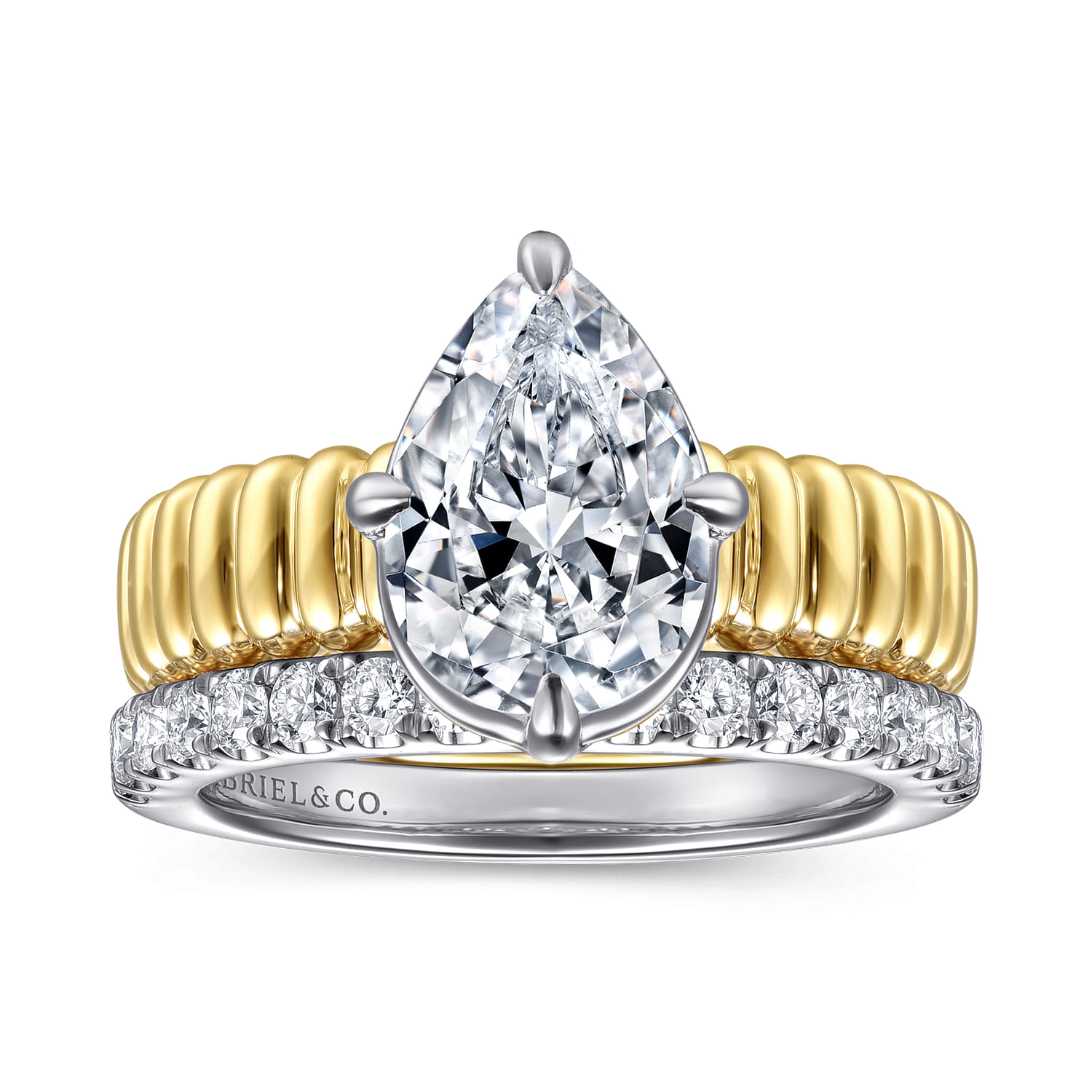 Empress - 14K White-Yellow Gold Compass Bezel Prong Pear Diamond Engagement Ring - 2 ct - Shot 4