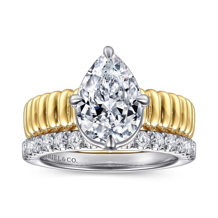 Empress - 14K White-Yellow Gold Compass Bezel Prong Pear Diamond Engagement Ring - 2 ct - Shot 4