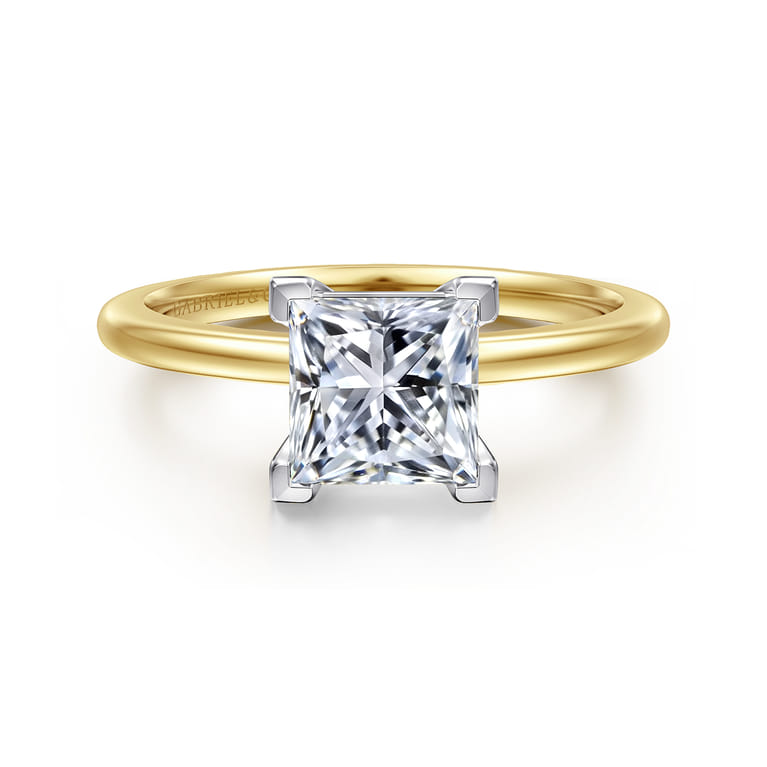 Evelina - 14K White-Yellow Gold Princess Cut Solitaire Diamond Engagement Ring - Shot 1