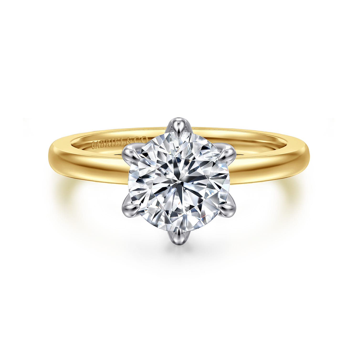 Emma - 14K White-Yellow Gold 6 Prong Round Solitaire Engagement Ring - Shot 1