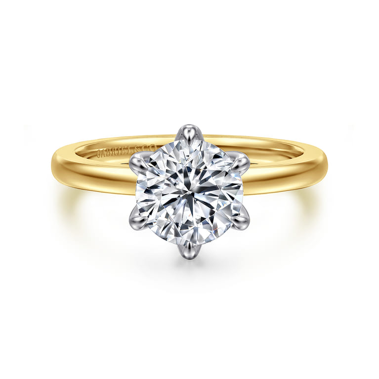 Emma - 14K White-Yellow Gold 6 Prong Round Solitaire Engagement Ring - Shot 1