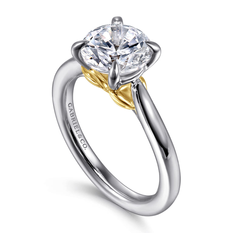 Nelia - 14K White-Yellow Gold Round Lotus Diamond Engagement Ring - Shot 3