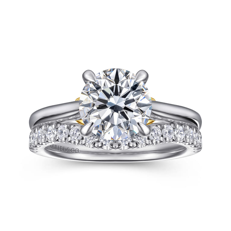 Nelia - 14K White-Yellow Gold Round Lotus Diamond Engagement Ring - Shot 4
