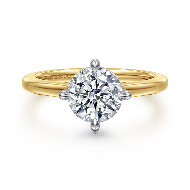 Lou - 14K White-Yellow Gold Round Compass Prong Solitaire Diamond Engagement Ring - Shot 1
