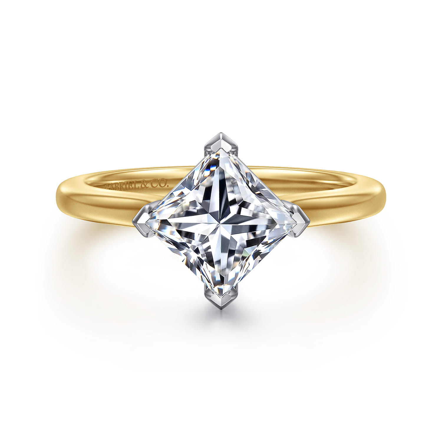 Lou - 14K White-Yellow Gold Princess Cut Compass Prong Solitaire Diamond Engagement Ring - Shot 1
