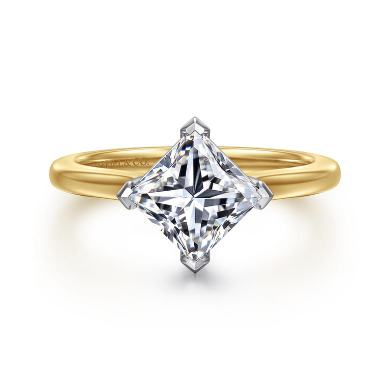 Lou - 14K White-Yellow Gold Princess Cut Compass Prong Solitaire Diamond Engagement Ring - Shot 1
