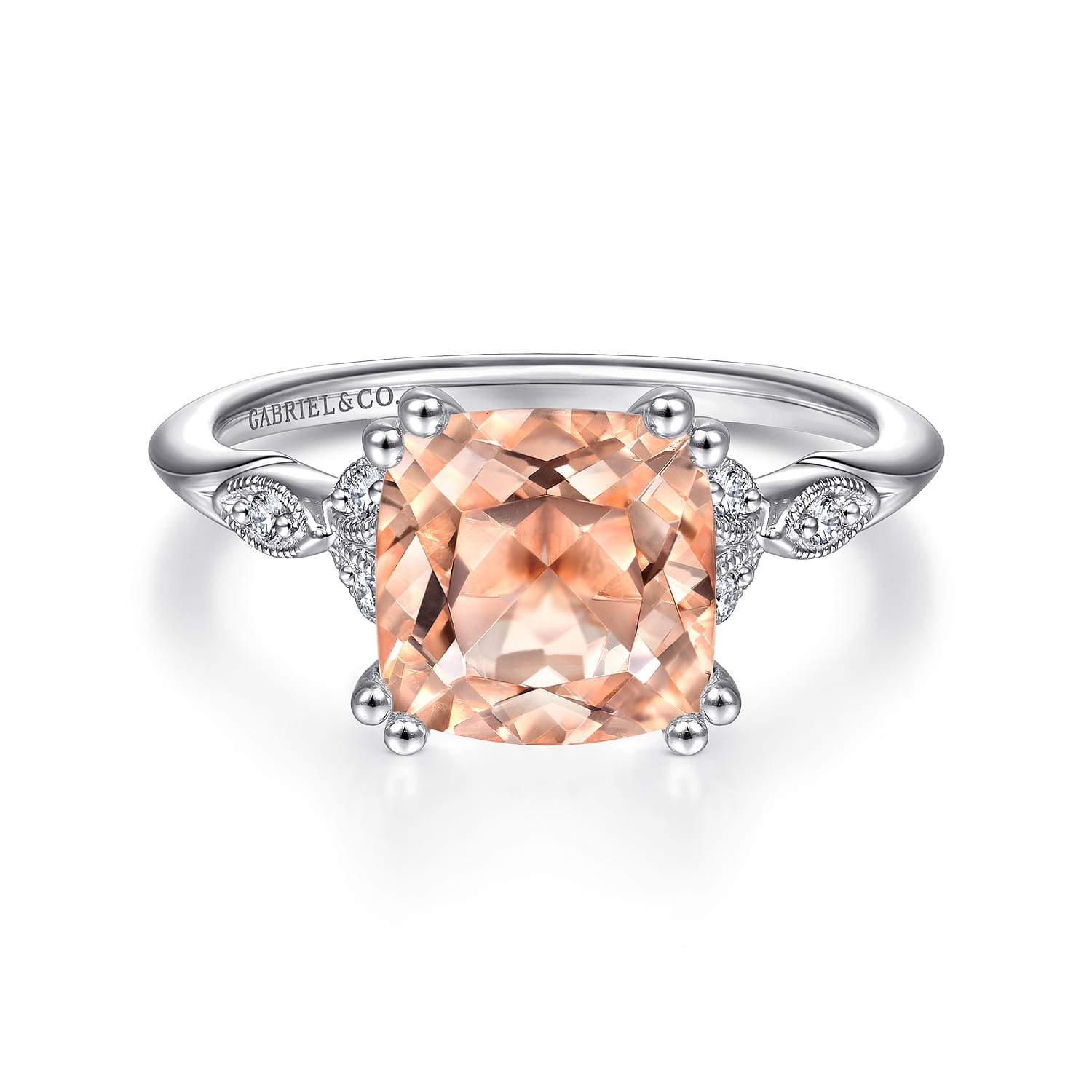 Celia - Vintage Inspired 14K White Gold Cushion Cut Morganite and Diamond Engagement Ring - 0.07 ct - Shot 1