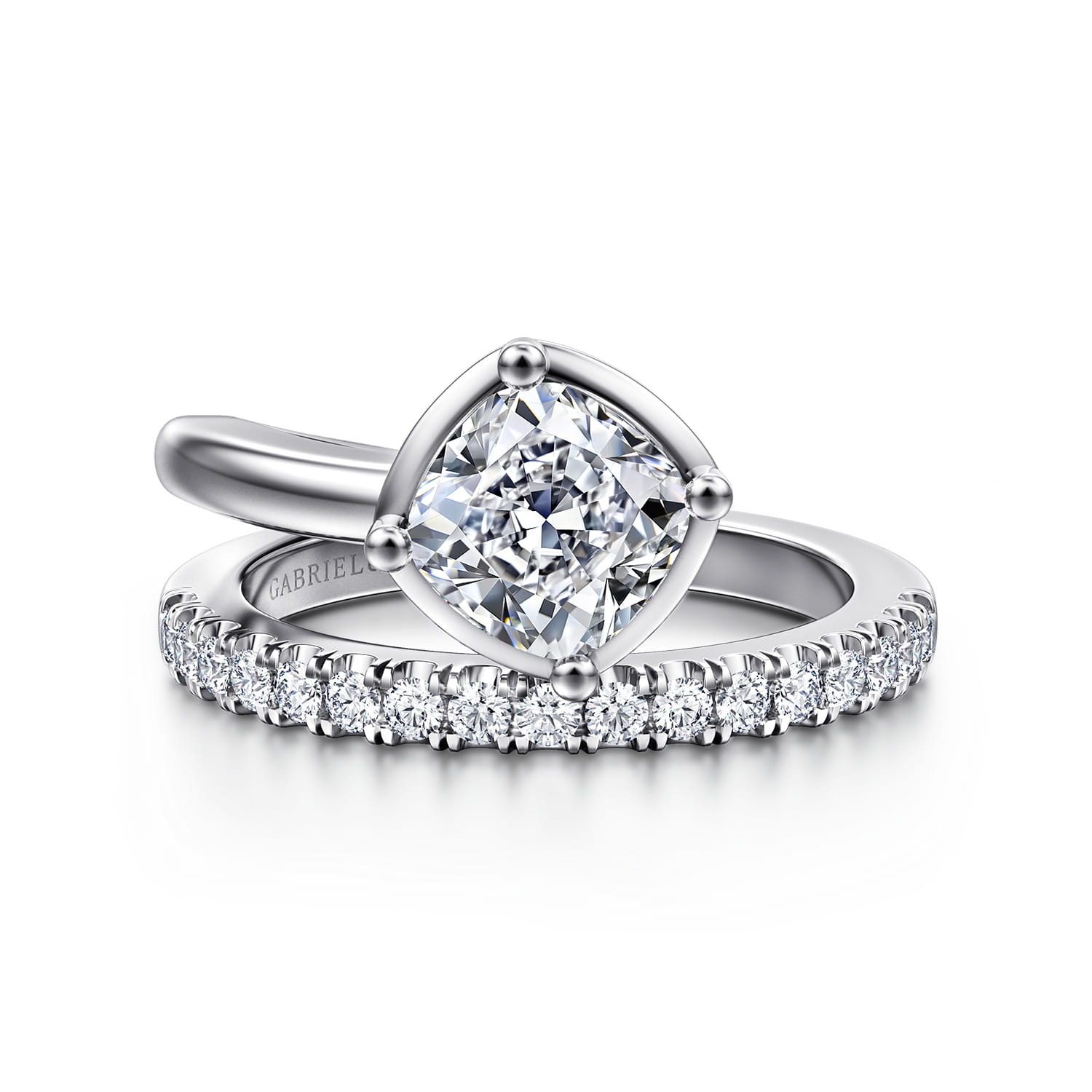 Margo - 14K White Gold Bezel Prong Cushion Cut Wrap Engagement Ring - 0.3 ct - Shot 1
