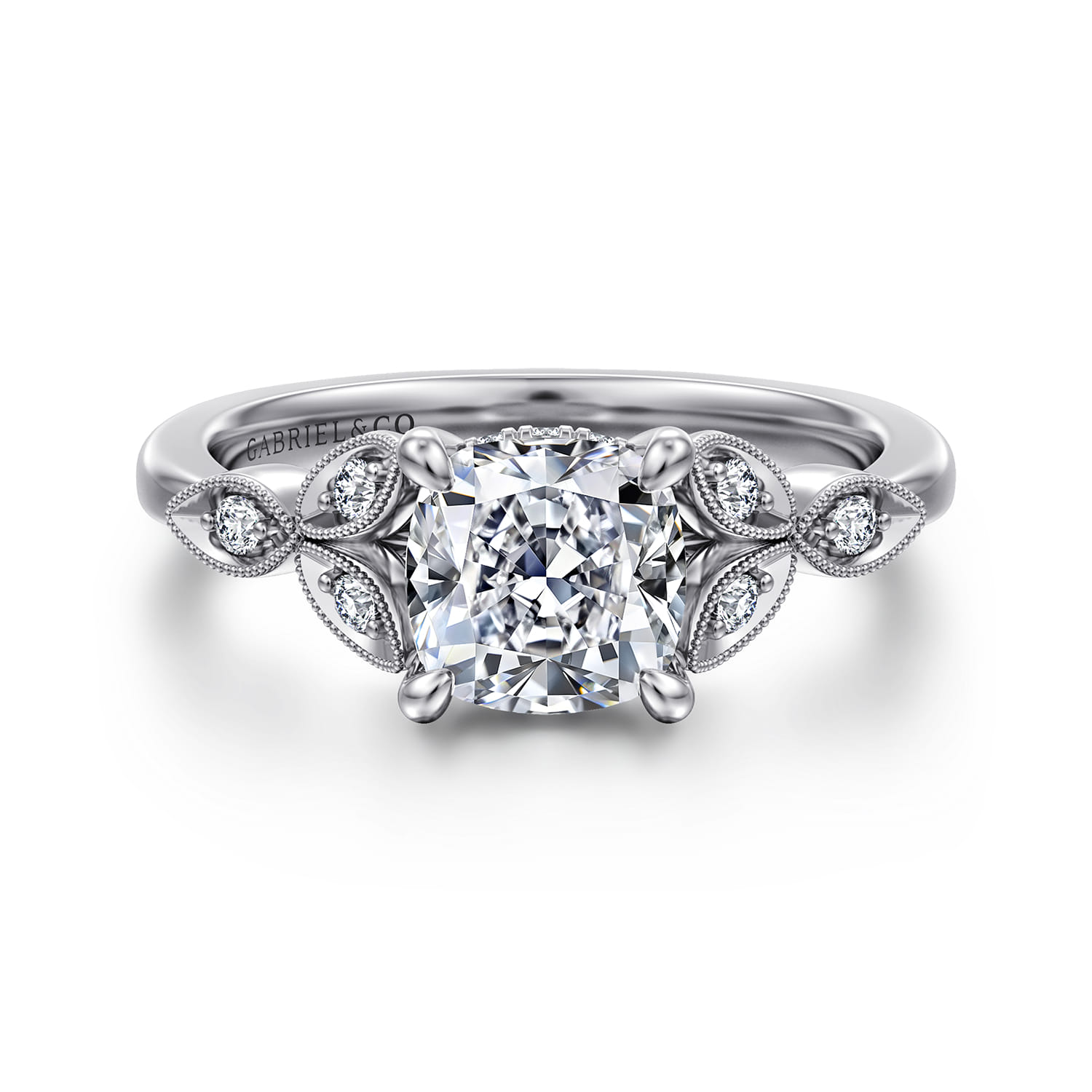 Brigida - Vintage Inspired 14K White Gold Cushion Cut Diamond Engagement Ring - 0.15 ct - Shot 1