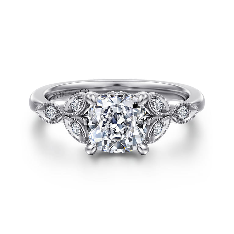 Brigida - Vintage Inspired 14K White Gold Cushion Cut Diamond Engagement Ring - 0.15 ct - Shot 1