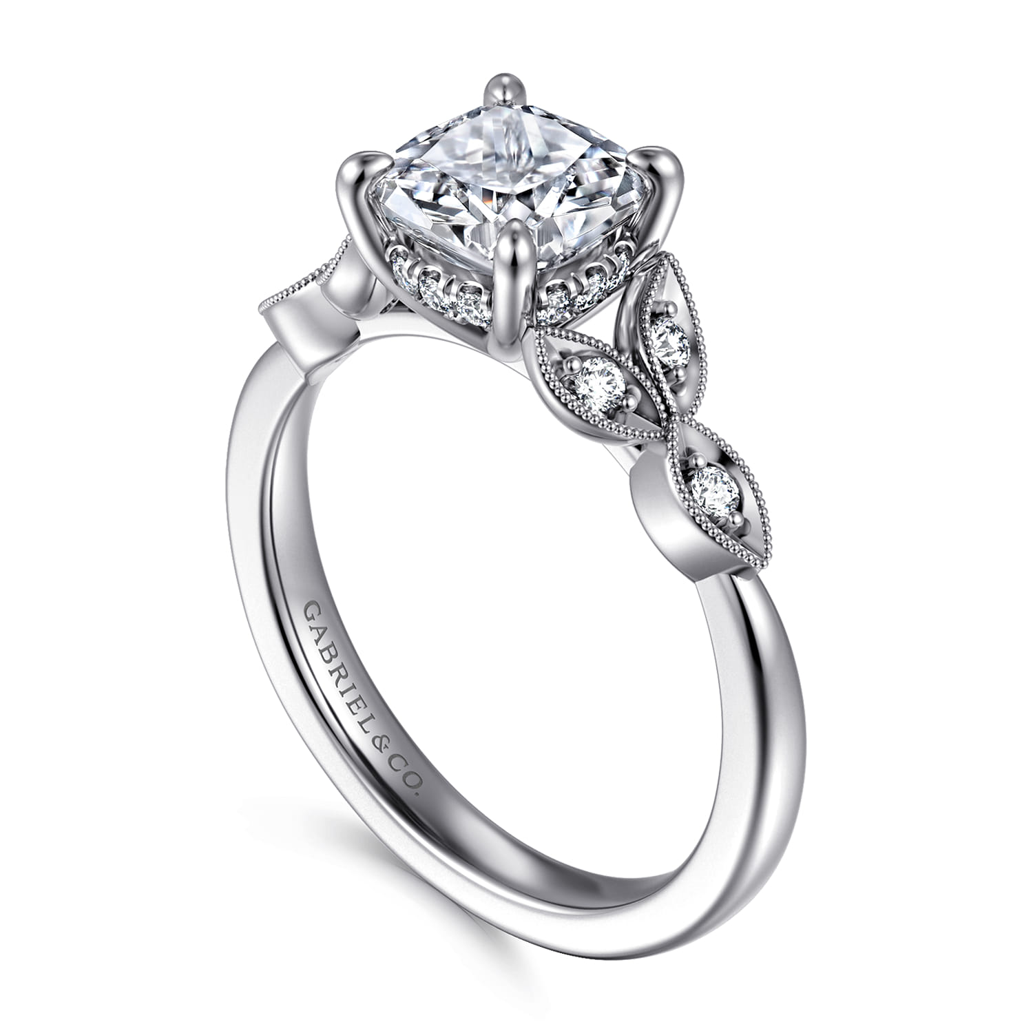 Brigida - Vintage Inspired 14K White Gold Cushion Cut Diamond Engagement Ring - 0.15 ct - Shot 3