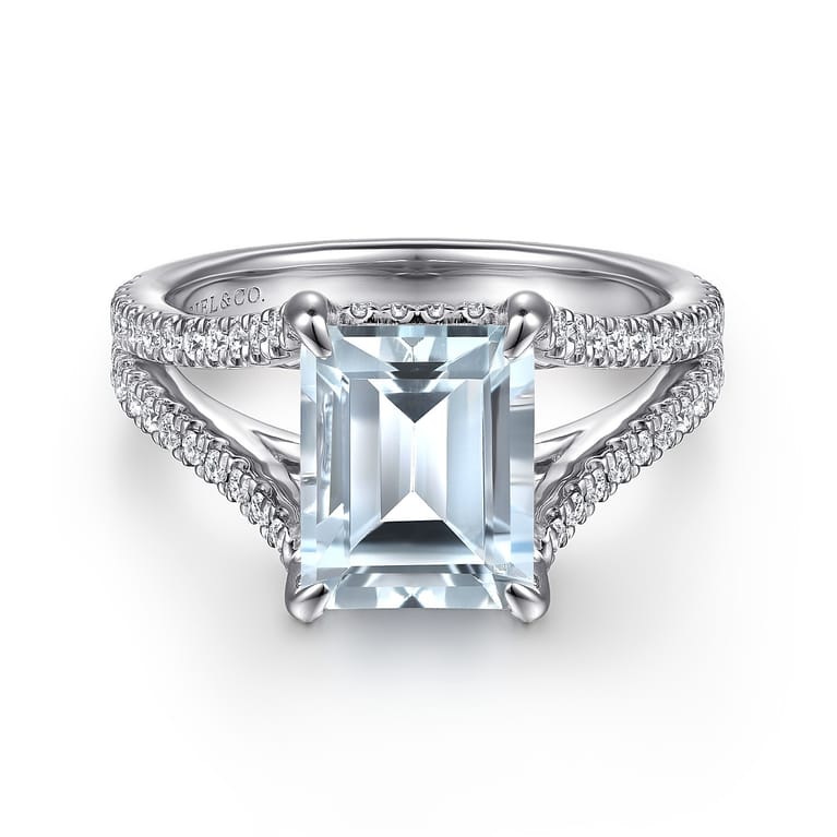 Erika - 14K White Gold Split Shank Emerald Cut Aquamarine and Diamond Engagement Ring - 0.5 ct - Shot 1