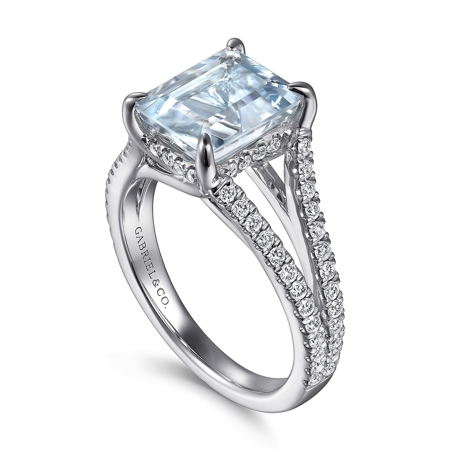 Erika - 14K White Gold Split Shank Emerald Cut Aquamarine and Diamond Engagement Ring - 0.5 ct - Shot 3