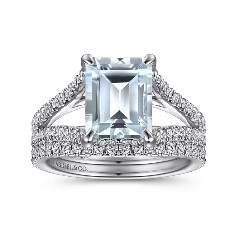 Erika - 14K White Gold Split Shank Emerald Cut Aquamarine and Diamond Engagement Ring - 0.5 ct - Shot 4