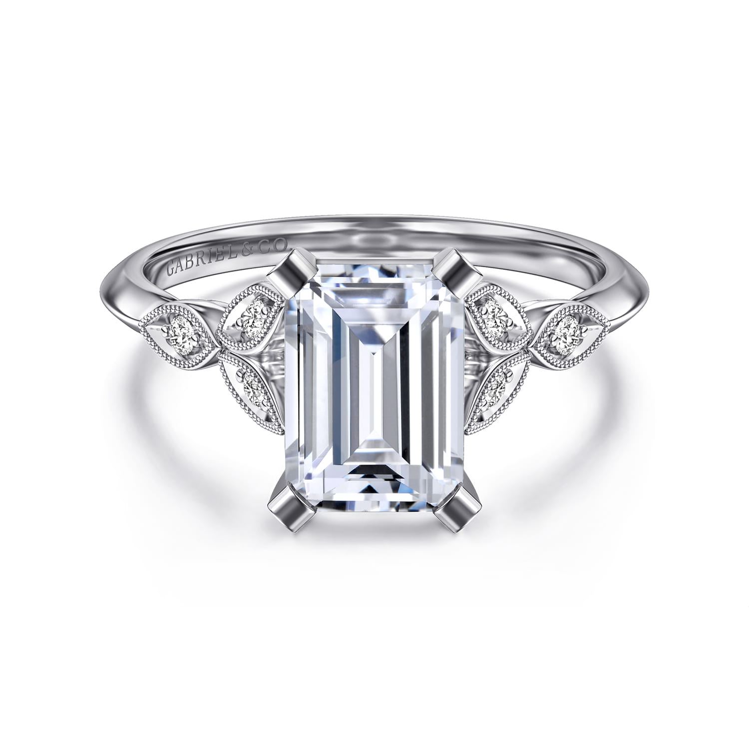 Eliza - Vintage Inspired 14K White Gold Split Shank Emerald Cut Diamond Engagement Ring - 0.07 ct - Shot 1