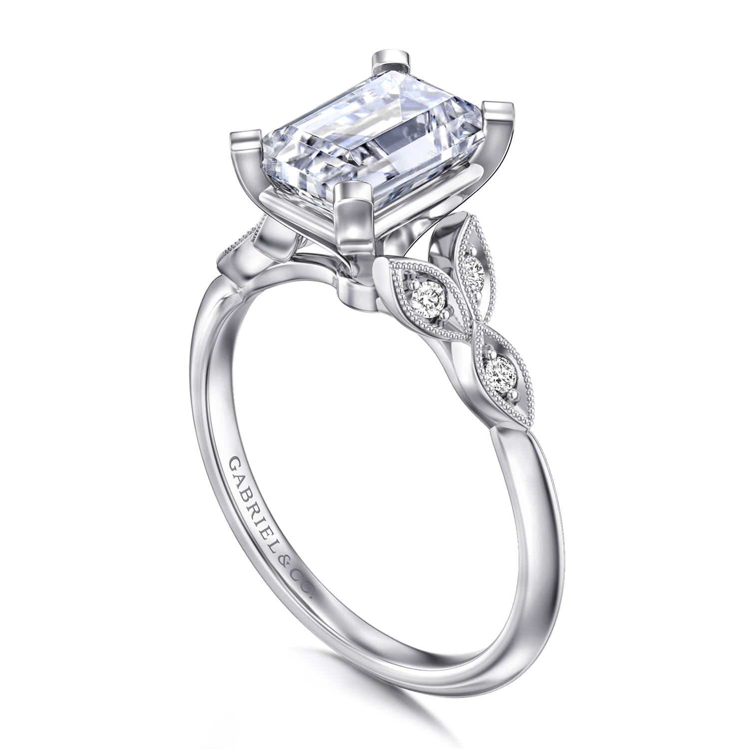 Eliza - Vintage Inspired 14K White Gold Split Shank Emerald Cut Diamond Engagement Ring - 0.07 ct - Shot 3