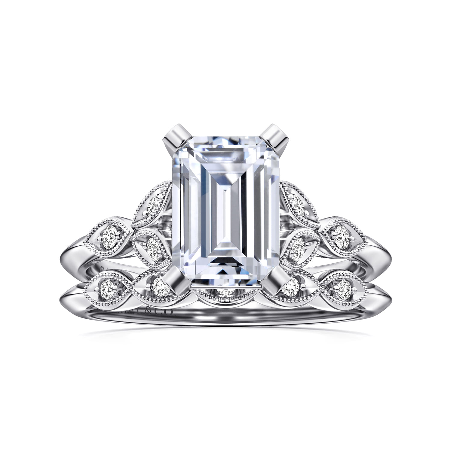 Eliza - Vintage Inspired 14K White Gold Split Shank Emerald Cut Diamond Engagement Ring - 0.07 ct - Shot 4
